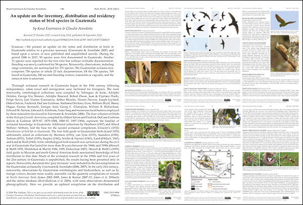 2018 Update on the inventory, distribution, and residency status of birds in Guatemala