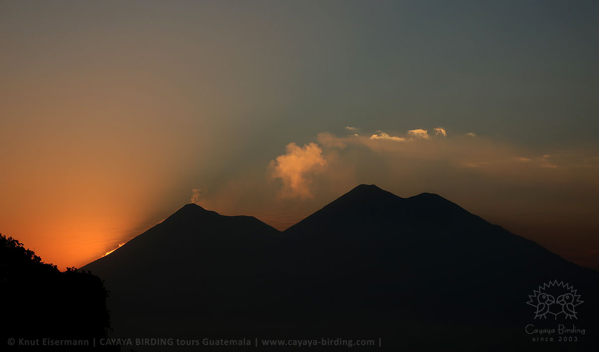 Sunset behind Fuego volcano, CAYAYA BIRDING day trips from Antigua Guatemala and Guatemala City