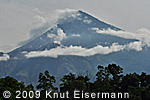 Volcanoes Santa Maria and Santiaguito seen during breakfast in the Cafeteria of the Patrocinio Reserve